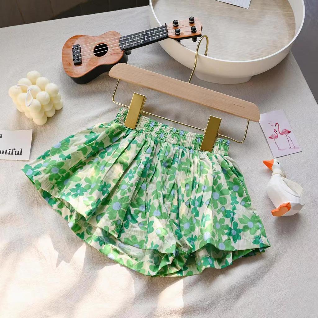 Summer Floral Print Shorts for Girls Pantskirt Kids Tutu Shorts Loose Leg Pants Girls Pleated Culotte Children Clothes