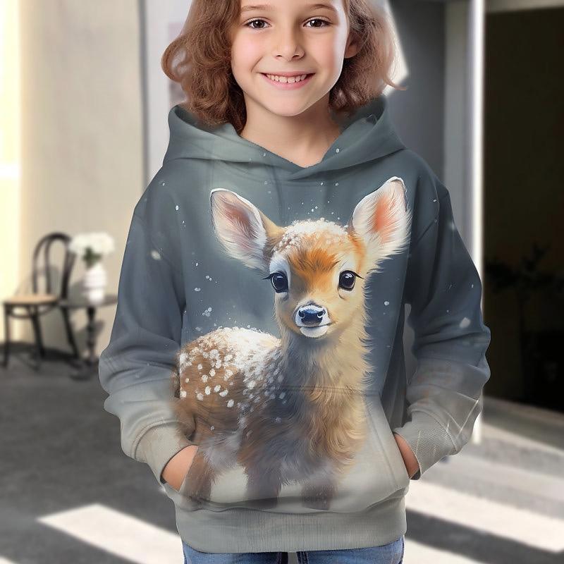 Girls  3D Animal Cartoon Deer Christmas Hoodie Hoodie Pullover Long Sleeve 110cm