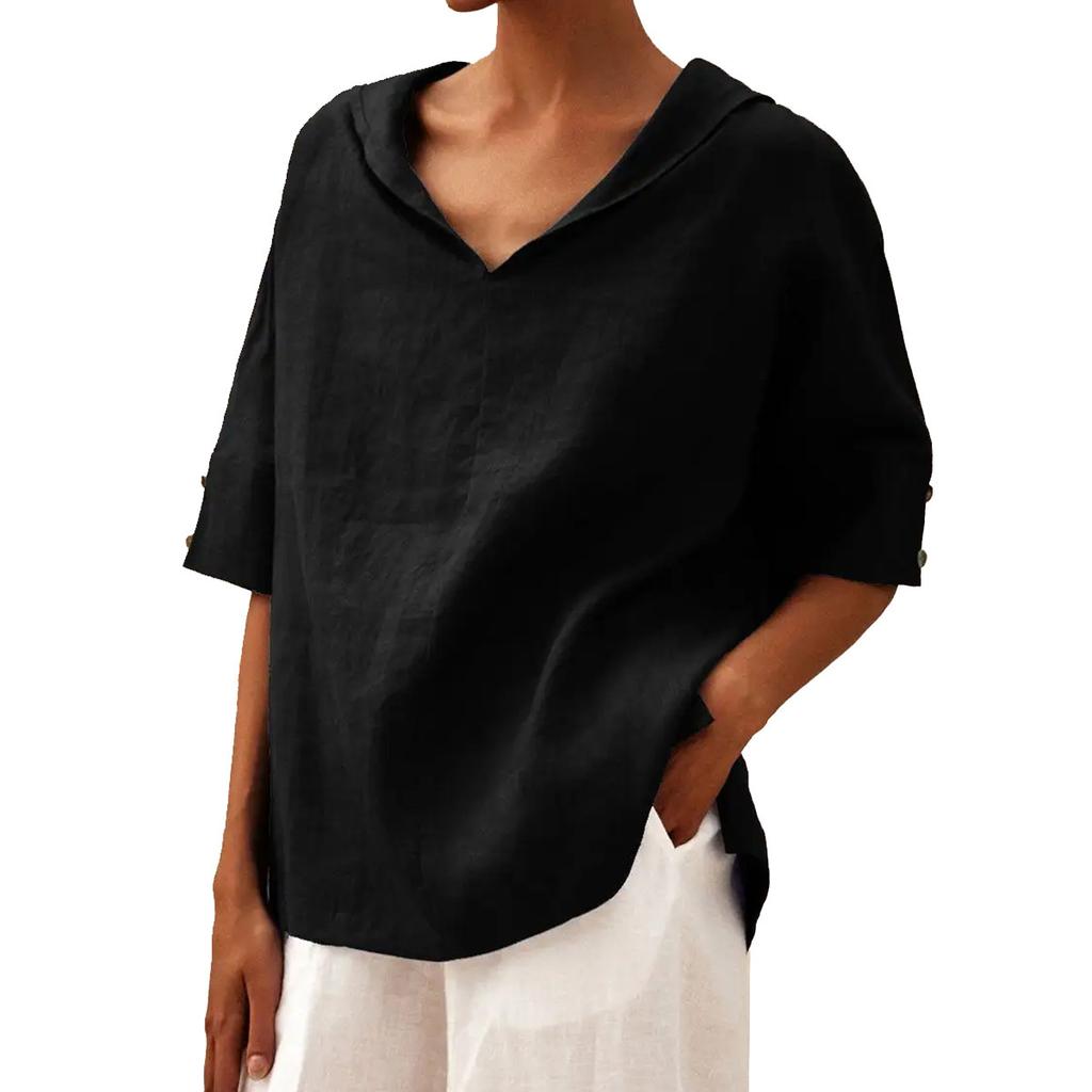 Top T-shirt con cappuccio da donna in cotone e lino tinta unita, vestibilità comoda, aggiornato