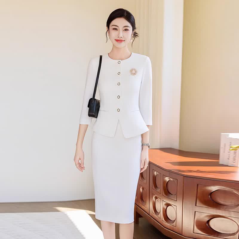 Women's White Seven-Sleeve Business Skirt Suit