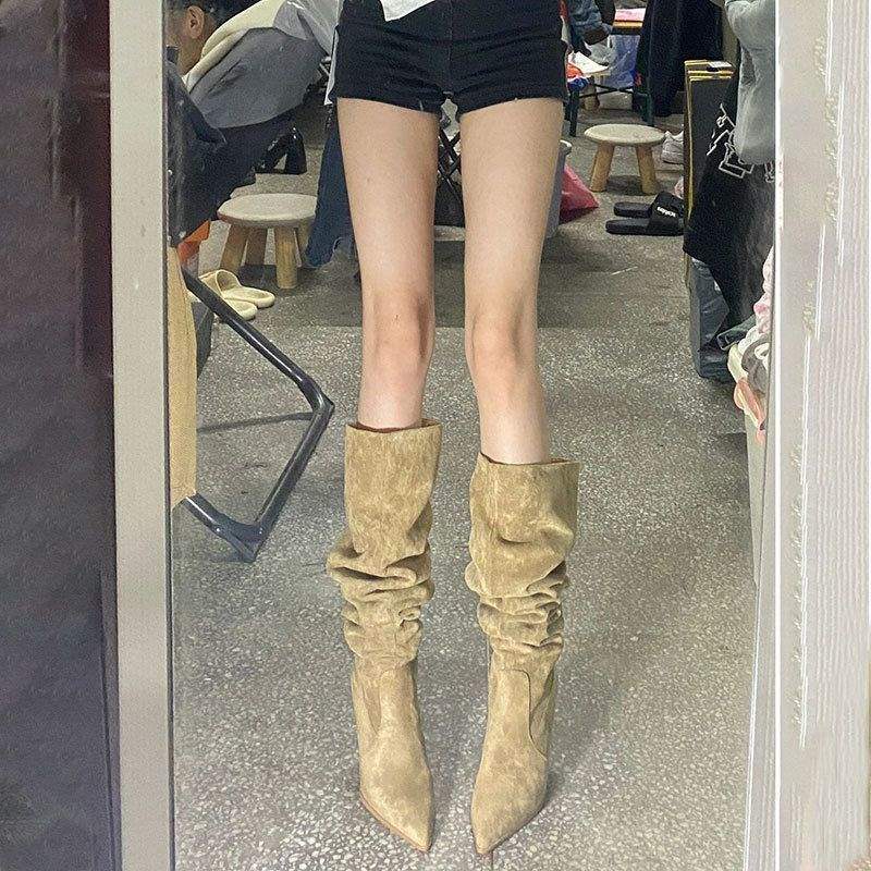 Cowhide version! Two long boots women's over-the-knee boots western cowboy boots pleated stacked boots big tube circumference thick leg boots