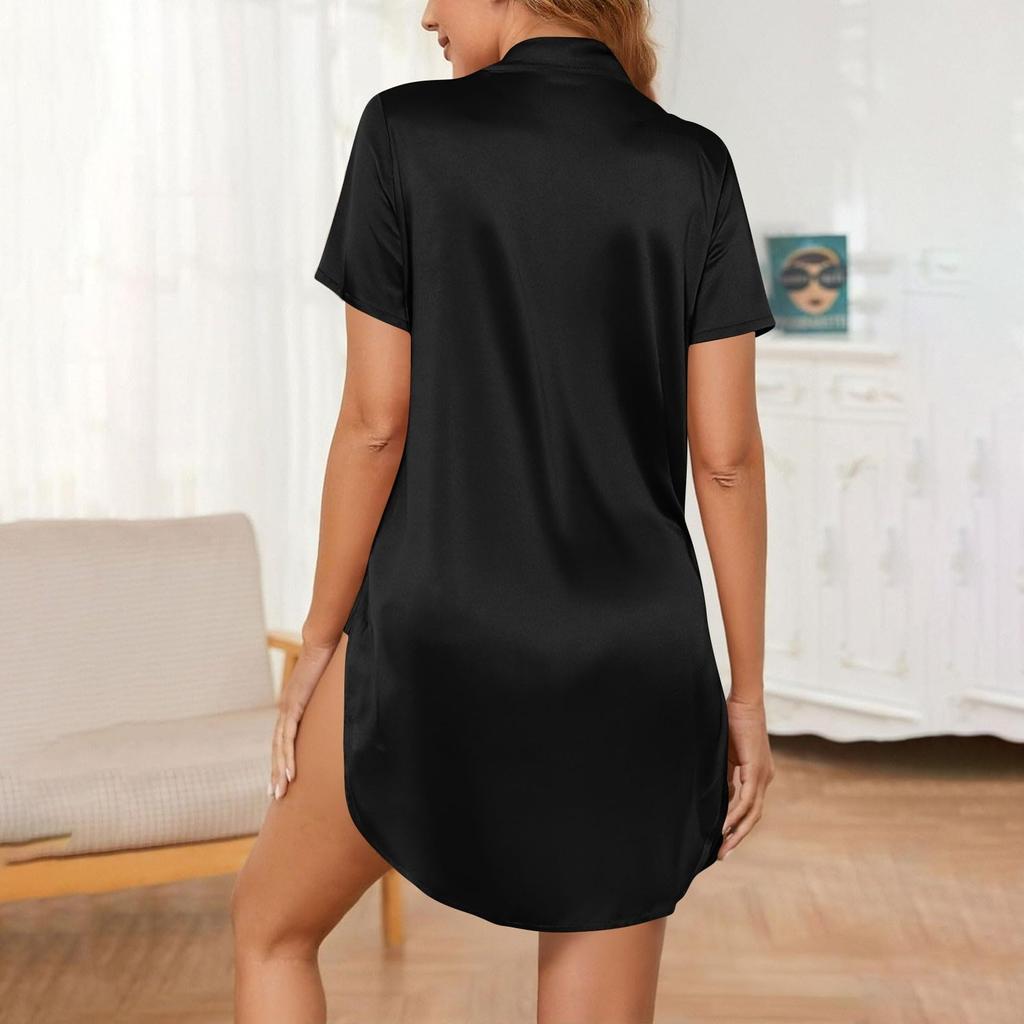 Women's Loose-Fit Comfortable Fashion Satin Button-Up Short-Sleeve Nightdress