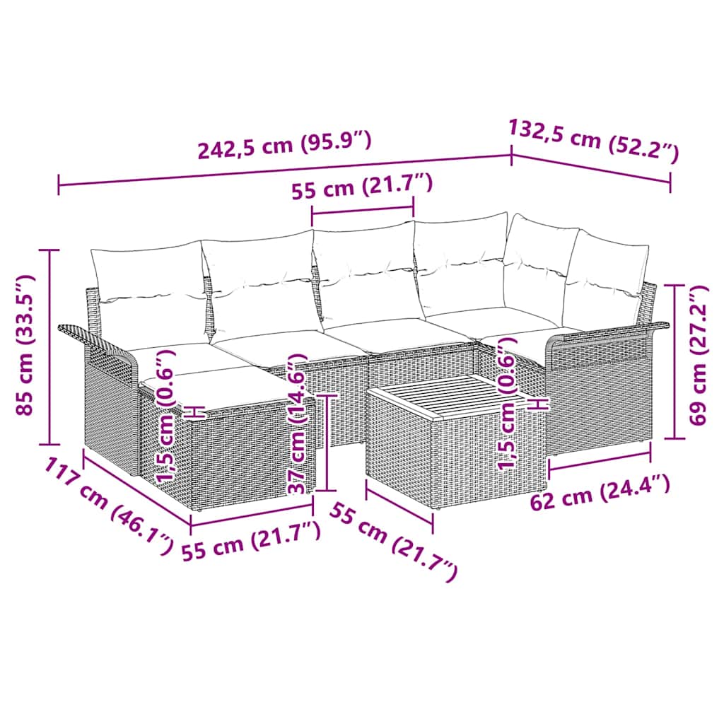 Garden Sofa Set with Cushions 7 Pcs Beige Poly Rattan