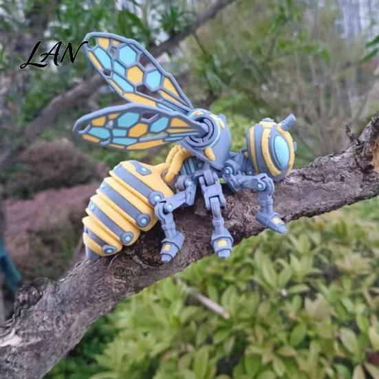 Futuristic Car Interior Ornament 3D Printed Articulated Bee Figurine, Flexible Joint Fidget Toy with Keychain, Mechanical Lightweight Art Statue