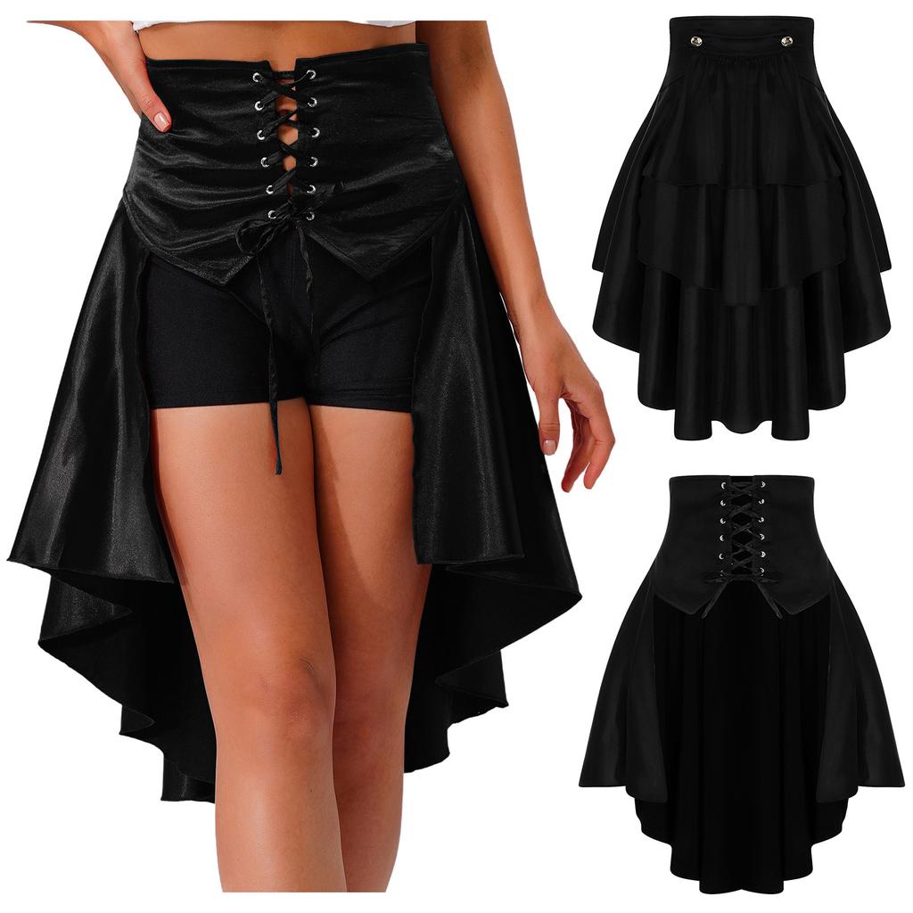 S-3XL Womens Gothic Steanpunk Satiny Skirt Front Eyelets Lace-up High-low Hem Tiered Ruffled Irregular Hem Skirt Waist Belt