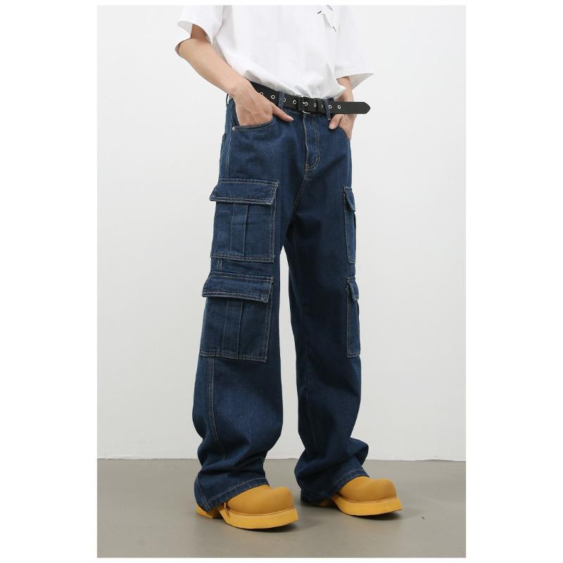 Pantaloni Lunghi Vintage Multi-tasche Jeans Lavati da Uomo High Street Larghi Dritti Pantaloni da Lavoro Jeans Dritti Larghi per Uomo alla Moda e Comodi