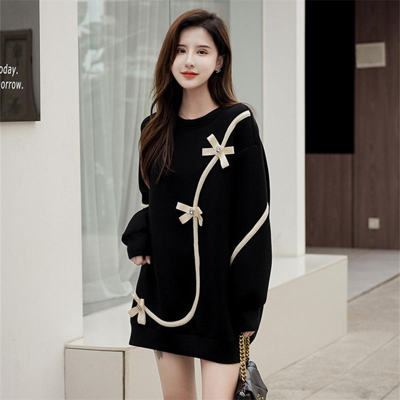 Chic Contrast Trim Bow Sweater Dress Casual Loose Fit L