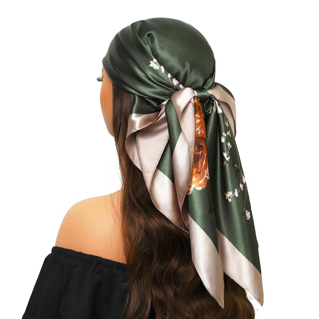 new 90*90cm Vintage Flowers Square Scarf Women Silk Shawl Neckerchief Female Print Headband Head Wraps Foulard Hijab Hair Bands