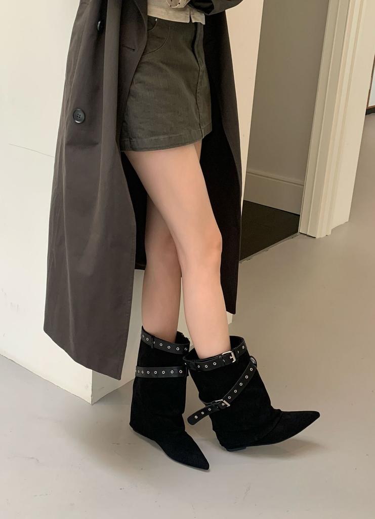 pointed belt buckle suede trouser tube boots women's autumn and winter new niche inner height-increasing medium boots