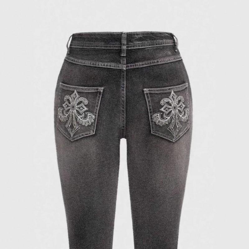 Popular Embroidered Jeans Fashionable Mid-waist Slim Slightly Raised Back Pocket Hot Drilling 2XL чёрный