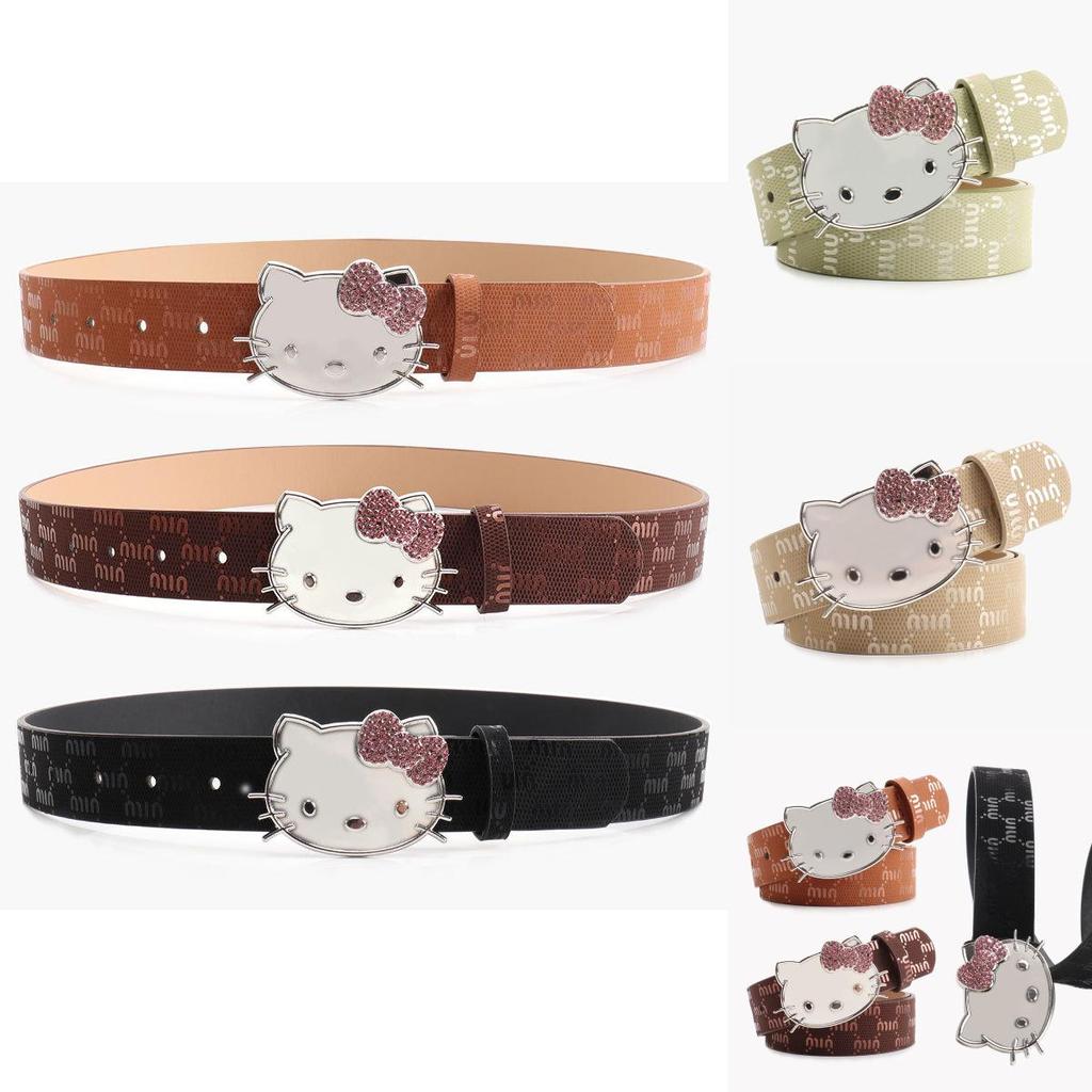 Metalowy Pasek Damski Hello Kitty z Nadrukiem Litery i Cyrkoniami do Codziennego i Eleganckiego Ubioru