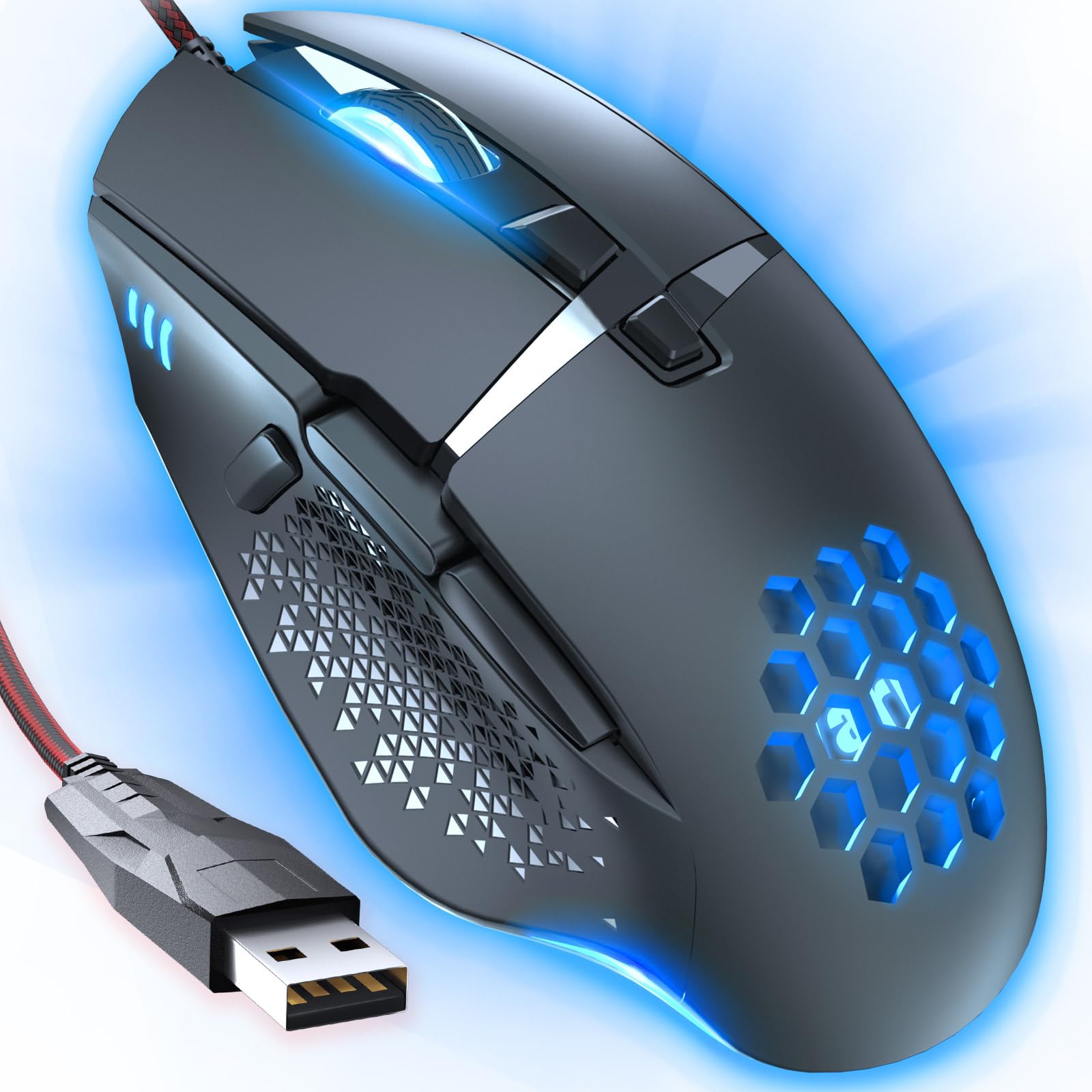 

Varbmt V303 Wired Gaming 7200 Adjustable LED Breathing RGB USB Gaming Ergonomic Fits Any 8 Programmable Compatible with Windows Mac and Braided Cable чорний