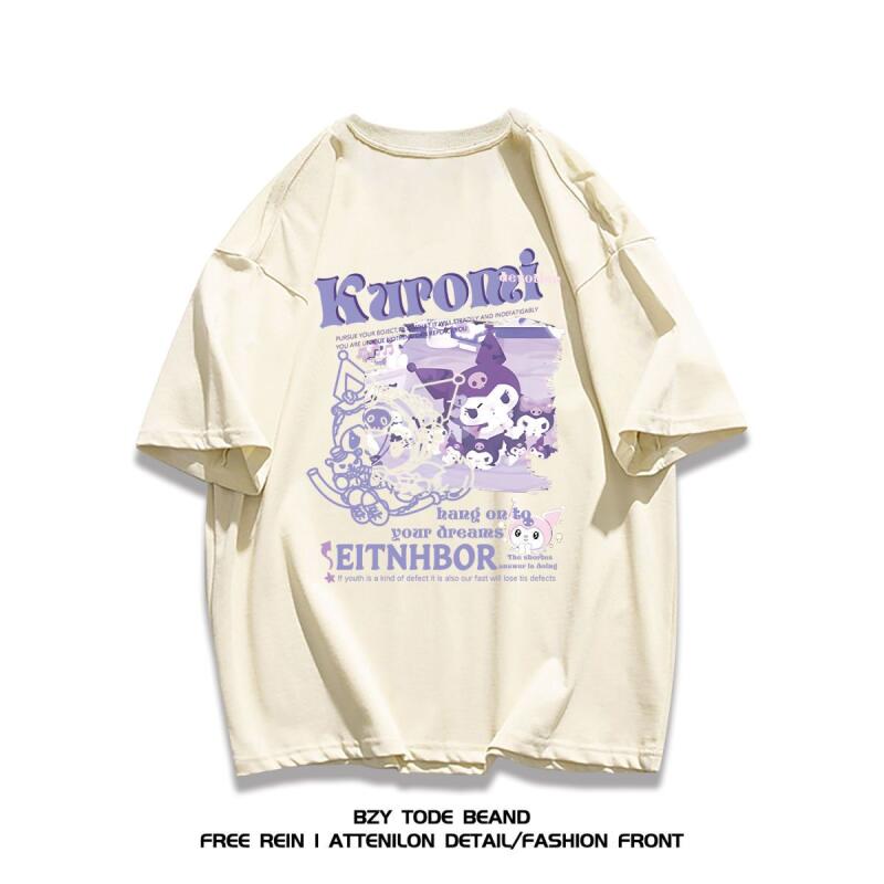 Sanrio Kuromi Cozy Heavyweight Pure Cotton Cute Printed Short Sleeved TShirt for Girl Summer Casual Trend Ins Style Loose Tops
