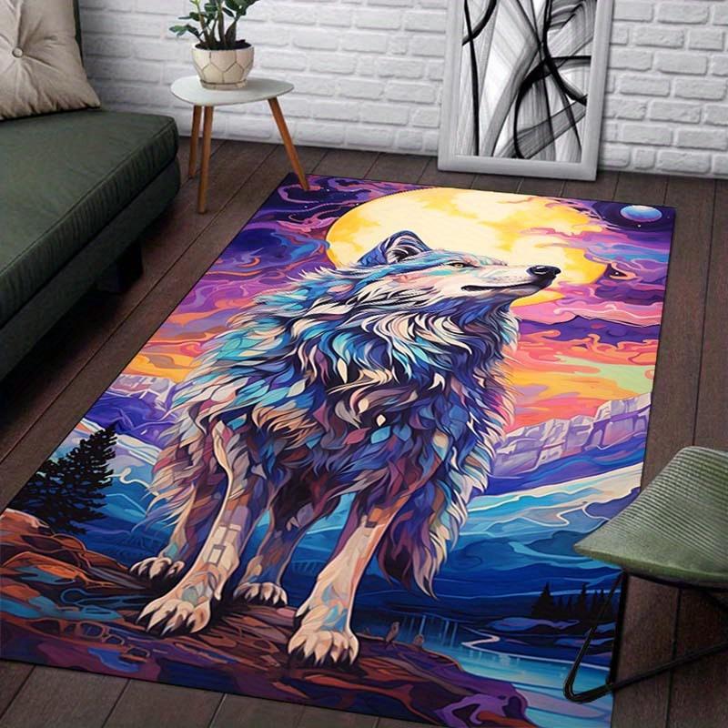 Colorful Wolf Moon Rug: Vibrant Wildlife Art for Living Spaces Nature-Inspired Home Decor Anti Slip Carpet Can Be Machine Washed