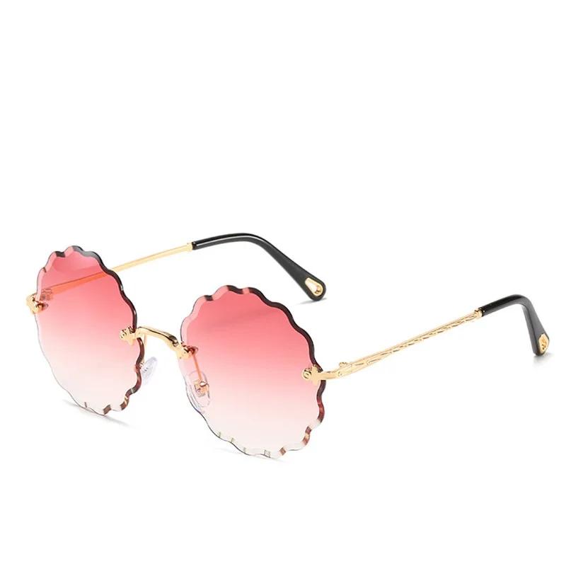 Luxury Brand Designer Lady Round Rimless Sunglasses Women Diamond Cutting Lens Vintage Flower Shape Sun Glasses For Female