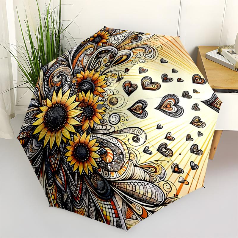 1pc Sunflower Hearts Automatic Open/close Umbrella, 8-Rib Sturdy Structure, Portable Travel Umbrella, Parties, Everyday Usel058