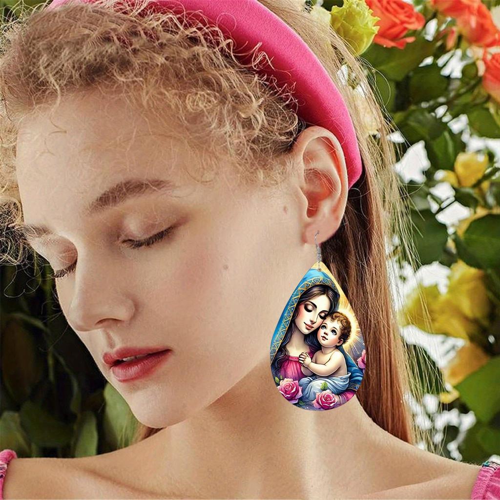 Elegant Our Lady with Angel PU Drop Dangle Earrings, Inspiration Jesus Theme Double Sided Hoop Earring,