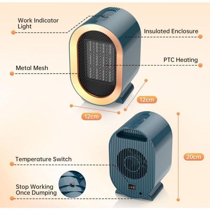 AIMOONSA Chauffage soufflant portable 1200W PTC céramique, 2 modes 800/1200W, silencieux, bleu