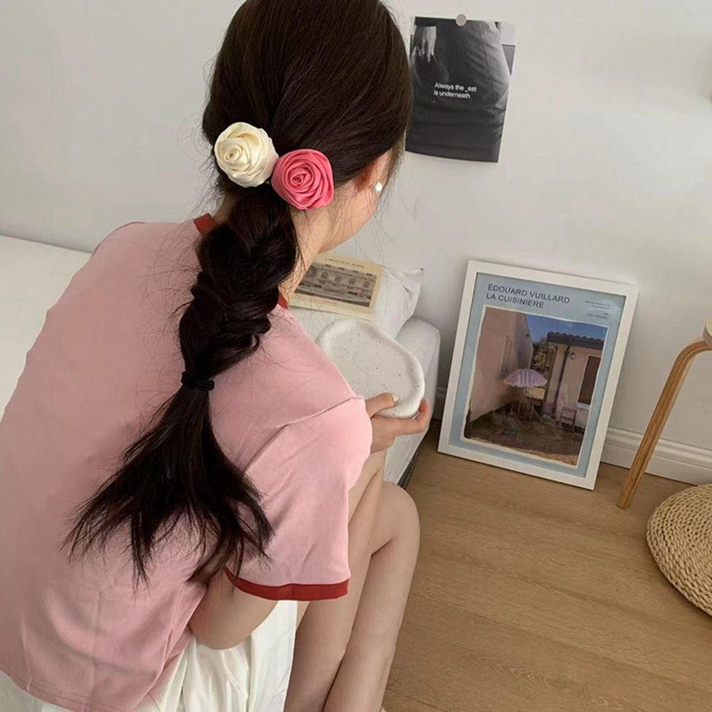 Hair Tie Silk Satin Hair Rope Korean Style Elastic Hair Band Sweet Rose Hair Rope  Kids