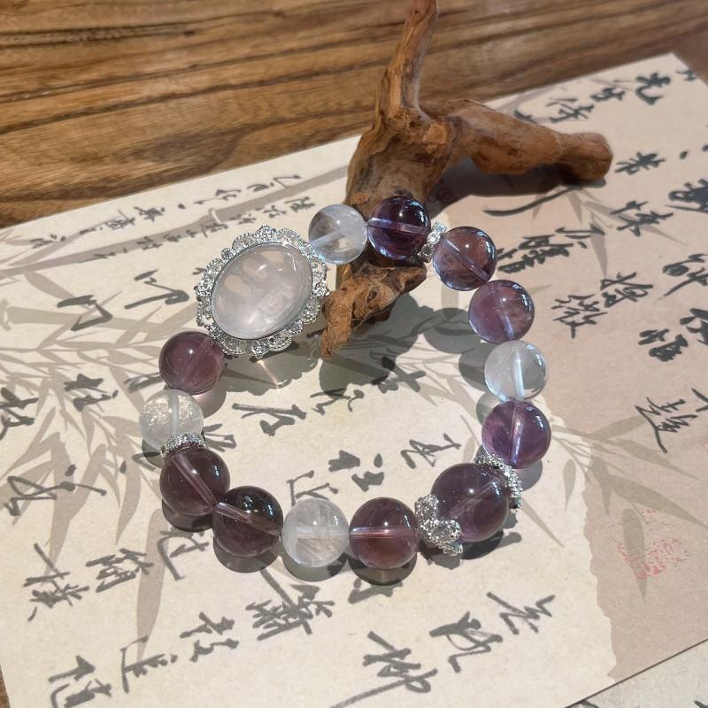 Natural Amethyst Bracelet With Large 11-12mm Clear Quartz Beads Pink Crystal Box Design Elegant Womens Gift Jewelry