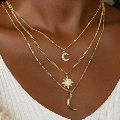 Three Layers Of Faux Diamond Star And Moon Pendant Necklace Delicate Alloy Accessory For Women Daily And Party Glam