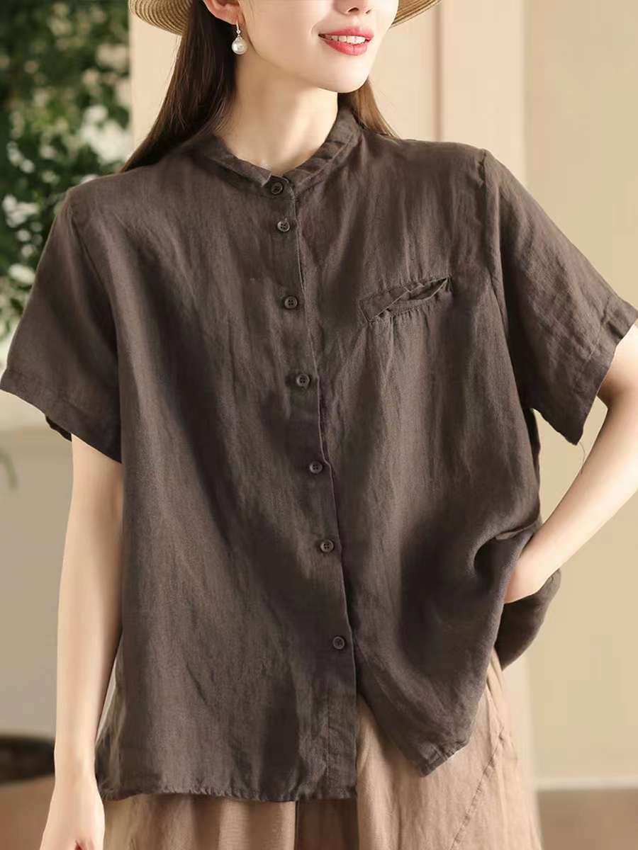 

Johnature Женские рубашки в китайском стиле Топы Отложной воротник Топы Однотонные Блузки с коротким рукавом Летняя рубашка L кофейный