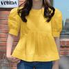 VONDA Women Summer O Neck Puff Short Sleeve Solid Color Casual Pleated Blouses