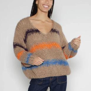 European and American autumn and winter sweaters women's fashion and sexy striped one-word collar shoulder-down knitted top