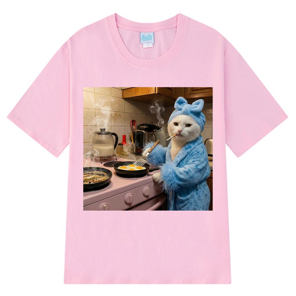 Funny Housewife Cat Meme T-Shirt Women Vintage T-Shirts Summer Short-sleeved Loose Oversized T-shirts