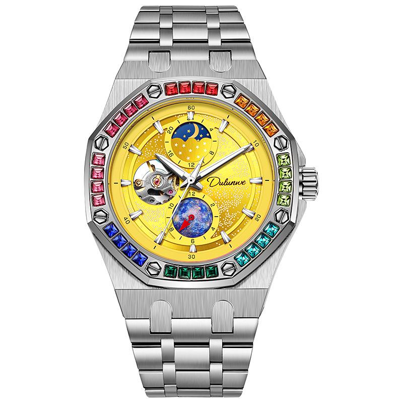 Durenwei Herren Wasserdicht Leuchtend Regenbogensterne Edelstahl Mechanische Uhr