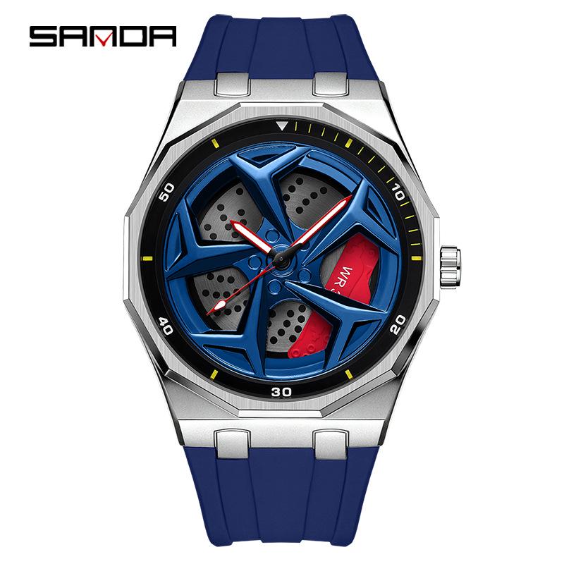 SANDA Men's Waterproof Luminous Polygonal Quartz Watch with 3D Rotating Dial and Silicone Band