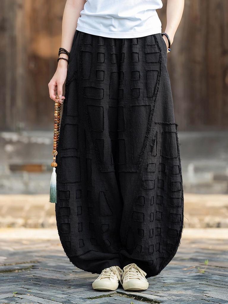 Unisex Boro-Style Linen Lantern Pants with Raw Edges for Meditation - Wide Leg & Autumn-Inspired Design