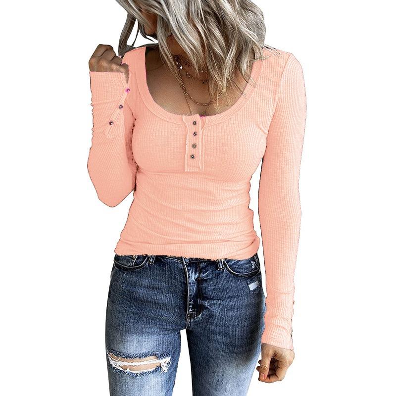 Autumn Women's Button Vest Color V-neck Fashion Long Sleeved T-shirt Top