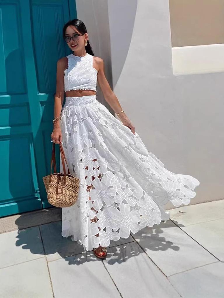 European & American Casual Lace Hollow Out Vest & Skirt Two-Piece Set