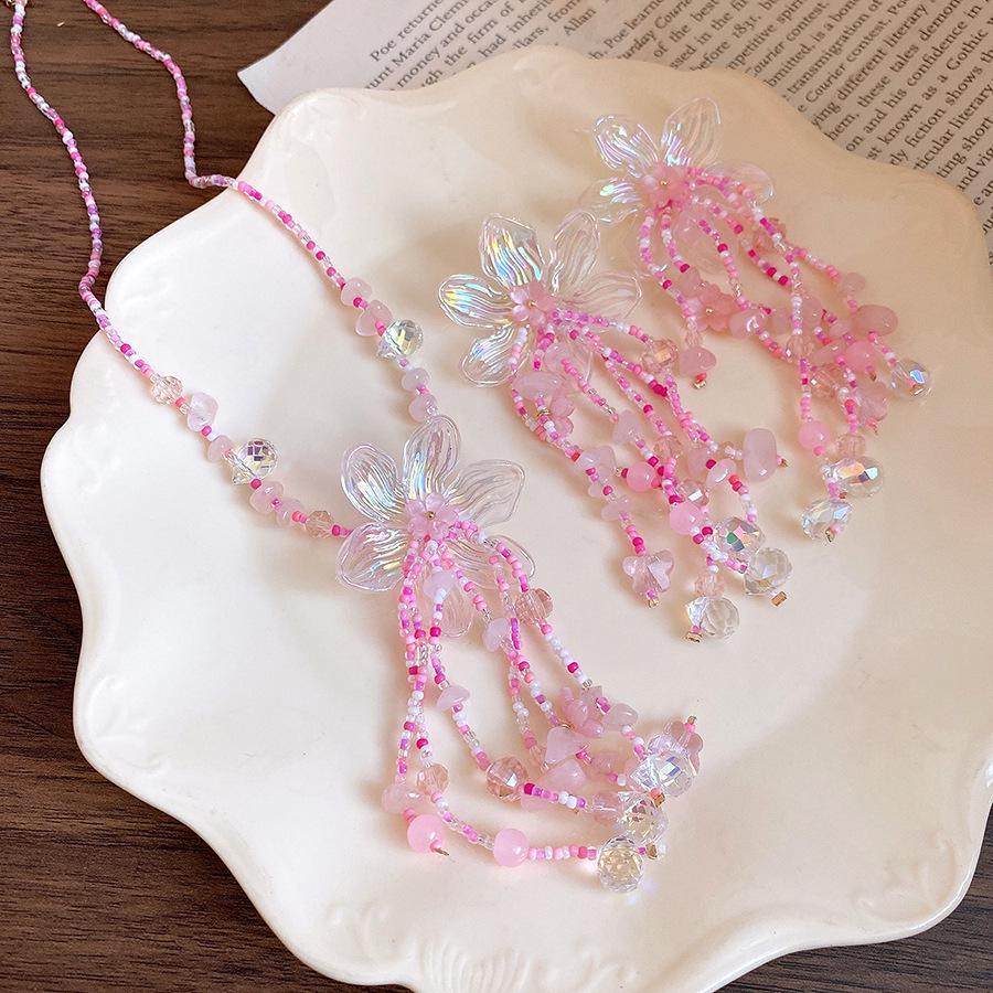 Pink Firefly Flower Stream Beaded Necklace: Sweet and Elegant Collarbone Chain for Women