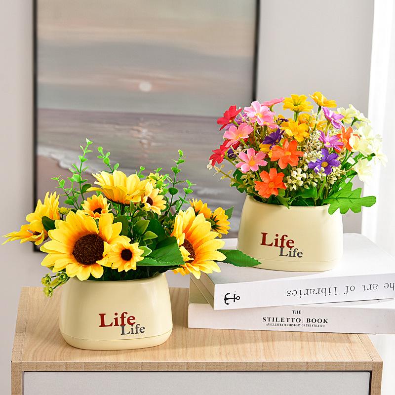 Living Room Decor: Artificial Sunflower and Green Plant Arrangements, Small Potted Plants, and Plastic Bouquets
