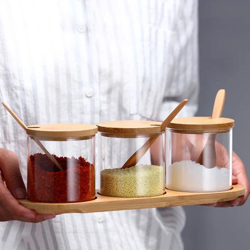 Seasoning Bottle Kitchen Glass Condiment Jars Set Clear Spice Salt Container with Tray Coffee Beans Organizer Bottle Dust-Proof