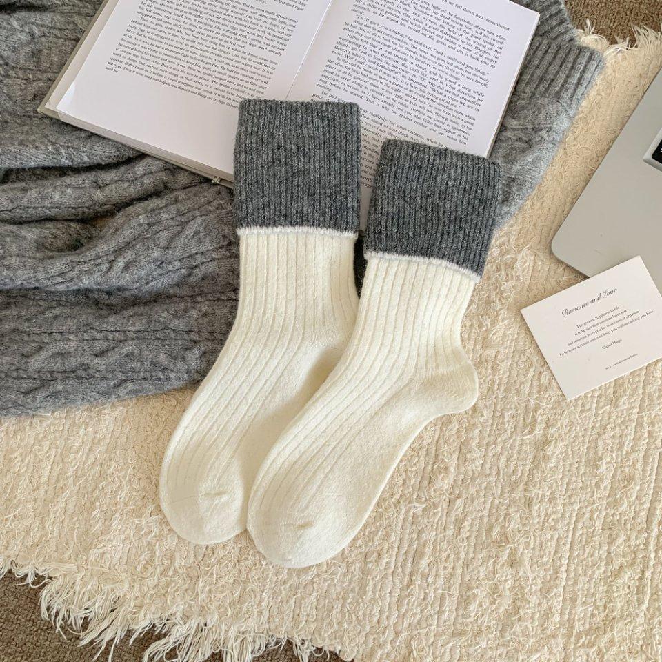 Korean Wool Socks Love Embroidered Socks Double Screw Bow Striped Thickened Fleece Warm Gray Stacking Socks