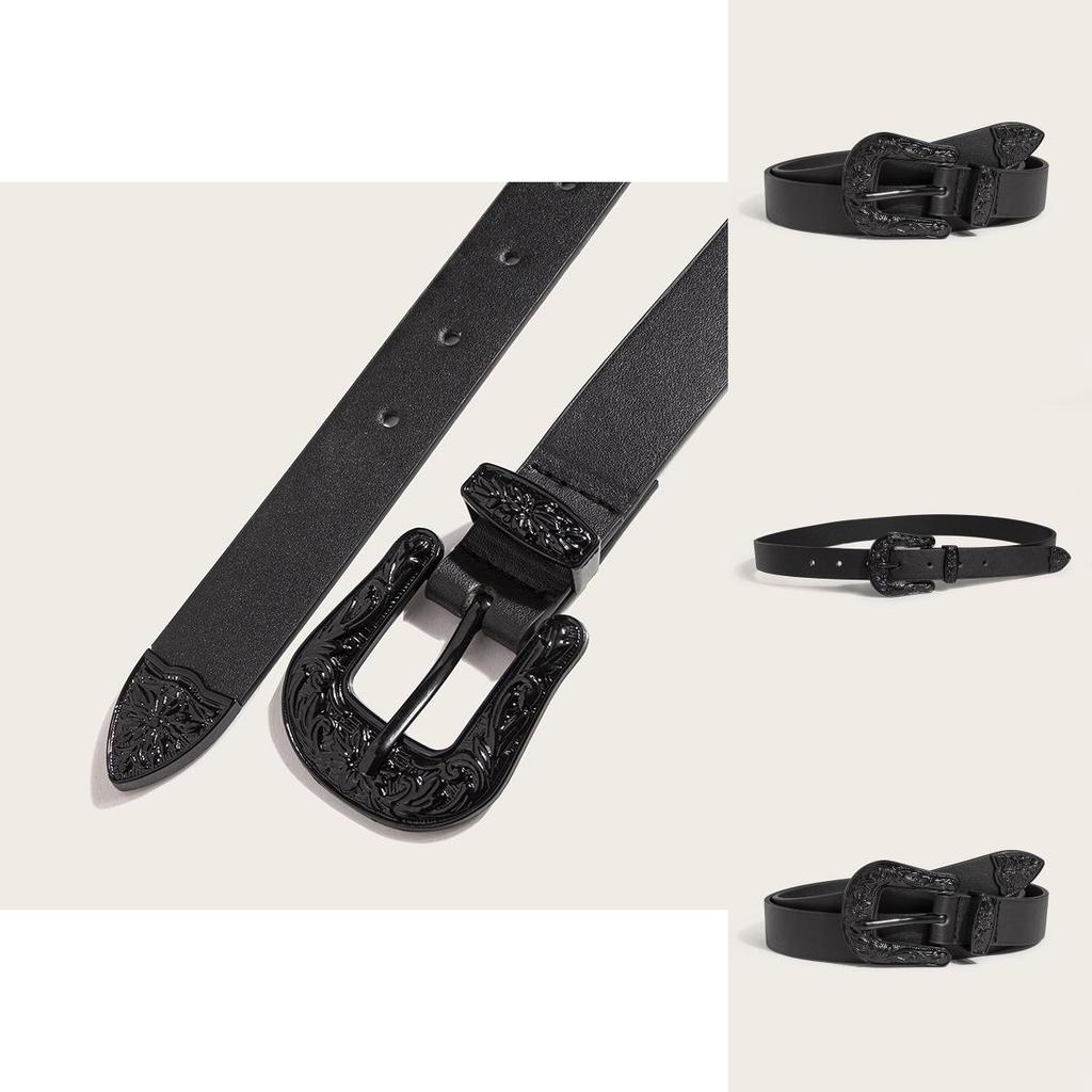 Womens Fashion Pu Belt With Carved Flower Design For Street Style