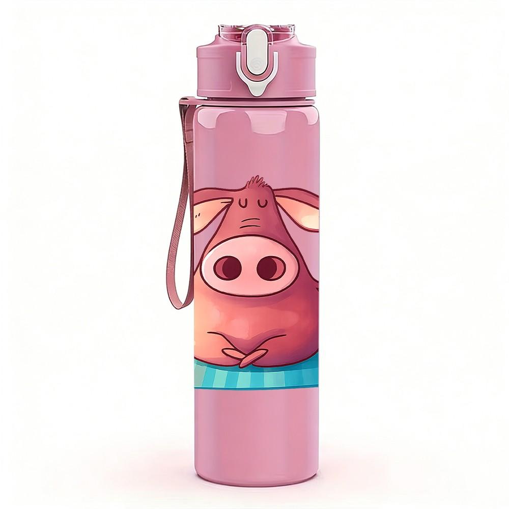 1PC Relaxed Pink Pig Cartoon 750ml Color Plastic Sports Water Bottle Leakproof Flip Straw Lid Suitable for Sports Office Home Use