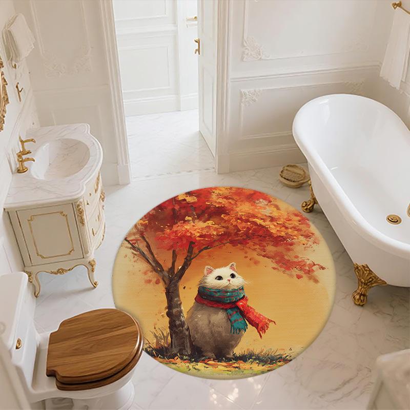 Cat with Leaf Scarf,Round Area Rug,Carpet Rug for Living Room Bedroom Sofa Playroom Decor,Non-slip Floor Mat