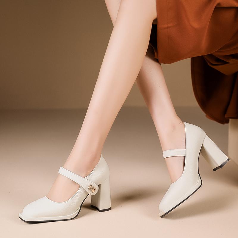 Silný podpatek Single Dámské Boty Jarní Square Head Plochý knoflík Měkká podrážka Mary Jane Dámské Boty Zapatos Para Mujeres