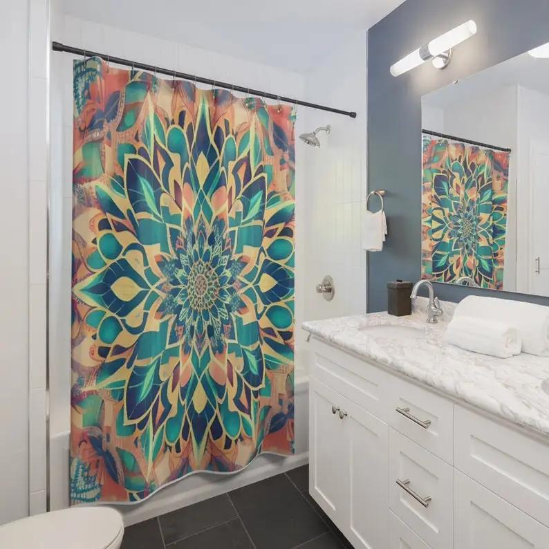 Boho Mid Century Modern Shower Curtain - Abstract Retro Geometric 10a W90xH180cm