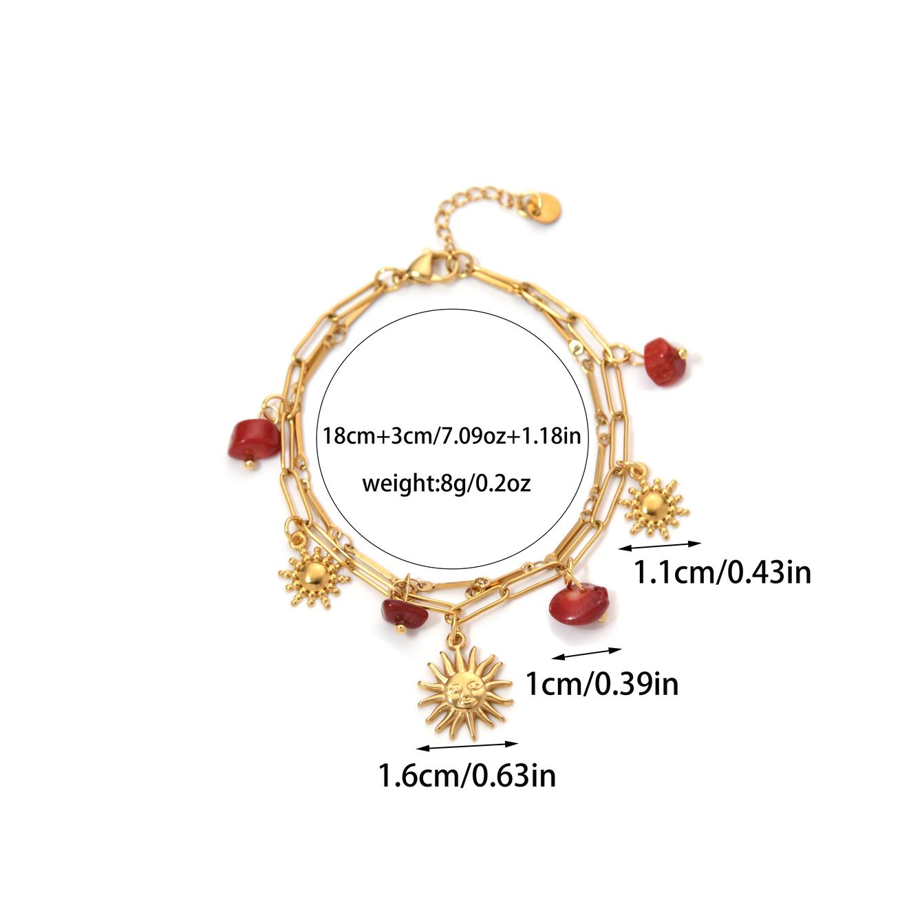 

Stainless Steel Red Natural Stone Sun Pendant Double Bracelet Simple Irregular Chain Gold Women Jewelry Birthday Gift 21cm