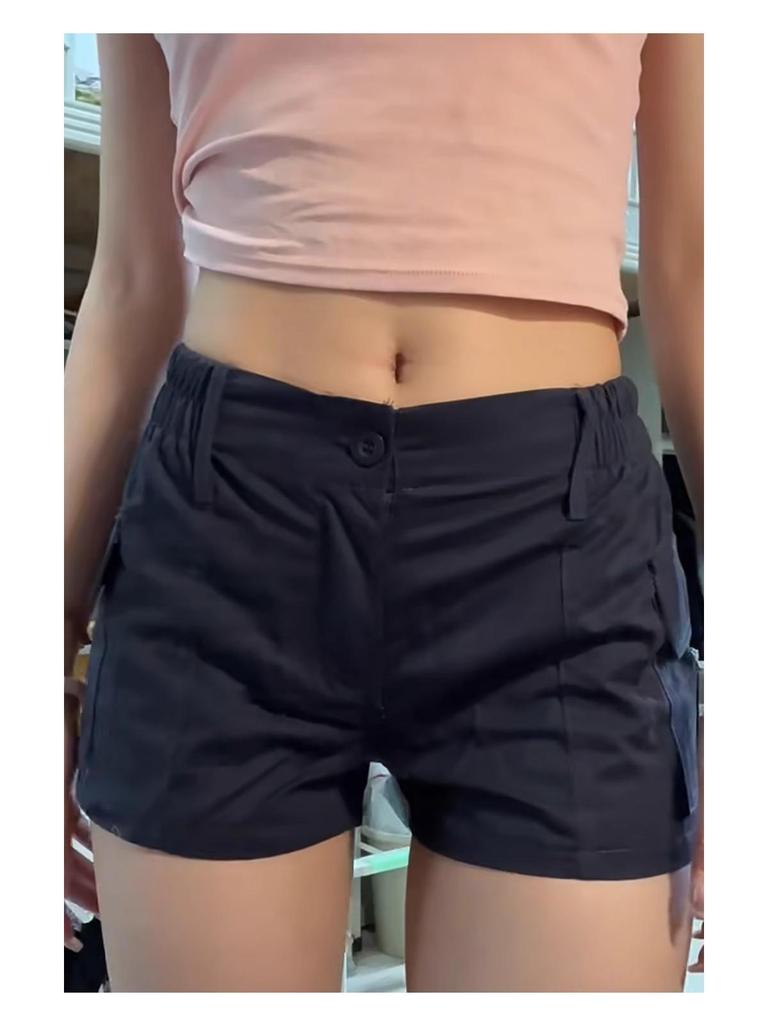 Women's Navy Blue Elastic Waist Cargo Shorts - Summer Fitness Hot Pants