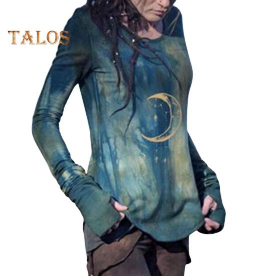 Top da donna Girocollo Manica lunga Maglietta stampata luna Aderente Lunghezza media Elasticizzata Maglietta da indossare tutti i giorni