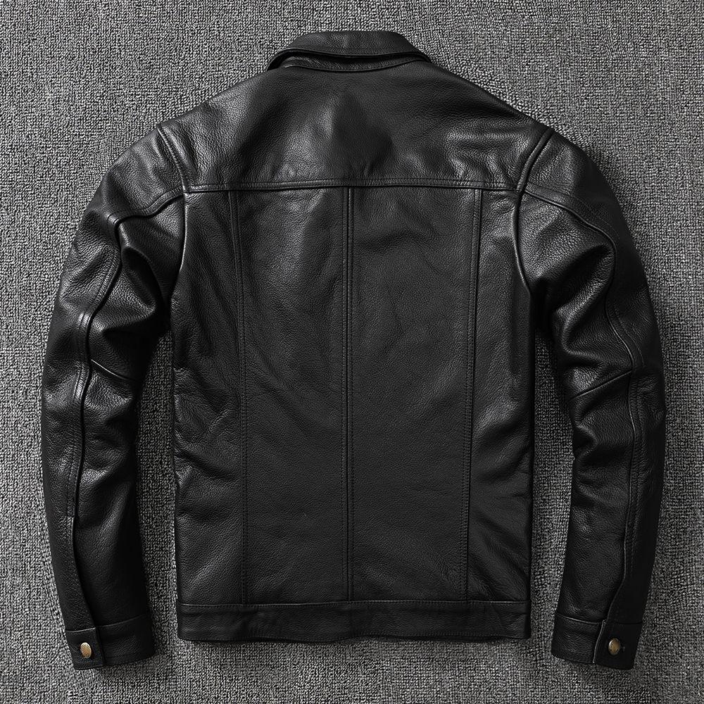 Spring Calf Leather Head Layer Genuine Leather Jacket Men's Lapel Short Denim Leather Jacket Motorcycle