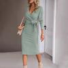 Women Cross V Neck Lace Up Sheath Dress Long Sleeves Knee Length Knitted Elastic Midi Dress Slim Fit Spring Fall Dress
