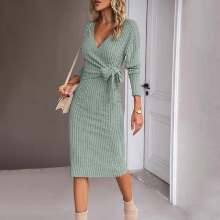 Women Cross V Neck Lace Up Sheath Dress Long Sleeves Knee Length Knitted Elastic Midi Dress Slim Fit Spring Fall Dress
