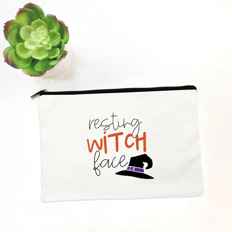 Witch Print Canvas Zipper Makeup Bag Witchcraft Women Travel Lipstick Bag Skincare Storage Organizer Pencil Case Cosmetics Bags